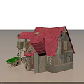 Cartoon Scene Cute Small House with Red Roof Tower Wooden Windows and Cart Wheel Decoration