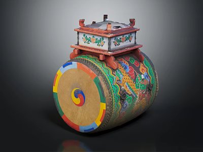 Traditional Chinese Cylindrical Painted Drum With Decorative Dragon Patterns And Colorful Top Structure 3d model