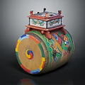 Traditional Chinese Cylindrical Painted Drum With Decorative Dragon Patterns And Colorful Top Structure