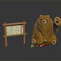 Sitting Bear with Raised Paw Next to Wooden Sign and Fish at Feet