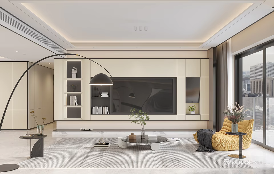 Modern Living And Dining Room Interior With TV Wall Yellow Armchair Coffee Table Floor Lamp 3d model 