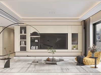 Modern Living And Dining Room Interior With TV Wall Yellow Armchair Coffee Table Floor Lamp 3d model