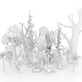 3D Cartoon Forest Scene With Various Plants White Birds And Colorful Stones