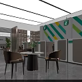Modern Bank Open Space Interior With Green Yellow Striped Walls Tables Chairs And Green Plants