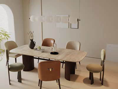 Modern Minimalist Dining Table Set With Wooden Legs Chairs And Pendant Lights 3d model