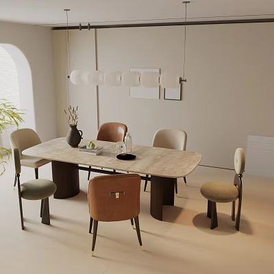 Modern Minimalist Dining Table Set With Wooden Legs Chairs And Pendant Lights 3d model