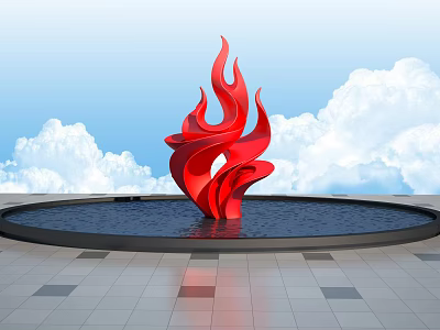 Red Flame Shaped Landscape Sculpture in Circular Water Pool Against Blue Sky and White Clouds 3d model