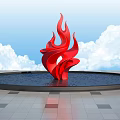 Red Flame Shaped Landscape Sculpture in Circular Water Pool Against Blue Sky and White Clouds