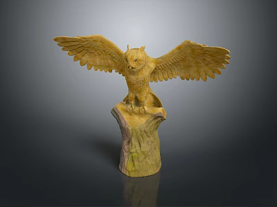 Detailed Golden Owl Sculpture With Spread Wings Standing On Tree Stump Base 3d model