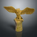 Detailed Golden Owl Sculpture With Spread Wings Standing On Tree Stump Base