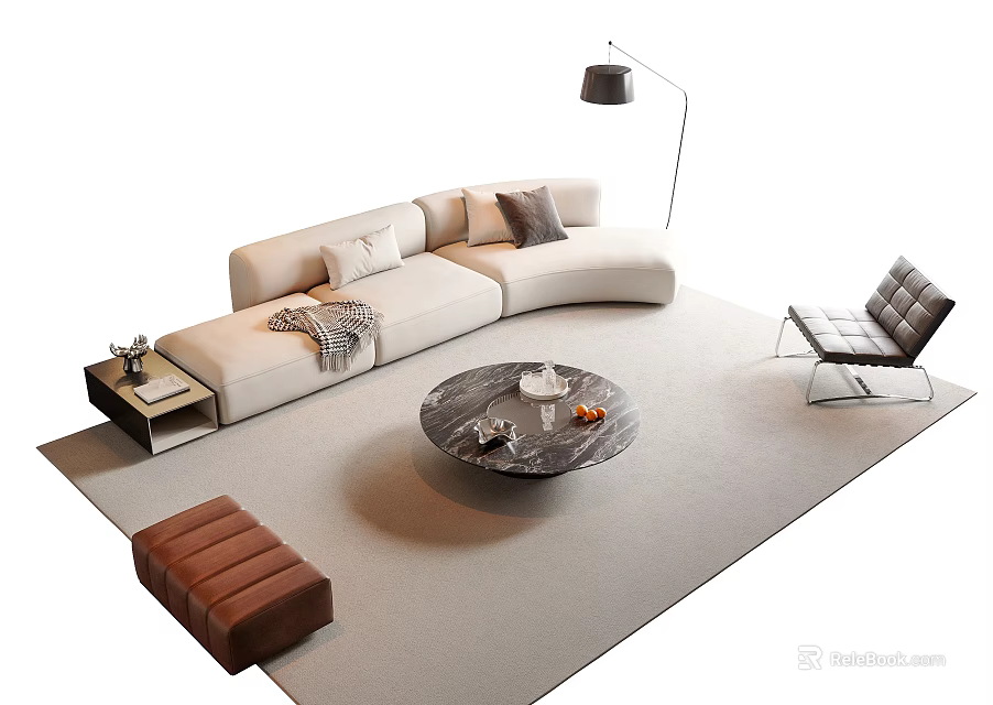 Cozy Modern L Sofa And Coffee Table Set With Pillows Throw Blanket Floor Lamp 3d model