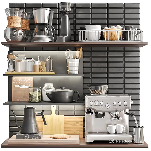 Well Organized Kitchen With Diverse Kitchenware And Espresso Machine 3d model 