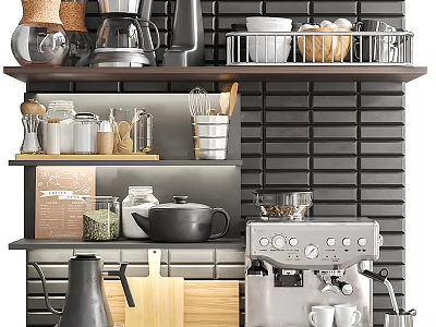 Well Organized Kitchen With Diverse Kitchenware And Espresso Machine 3d model