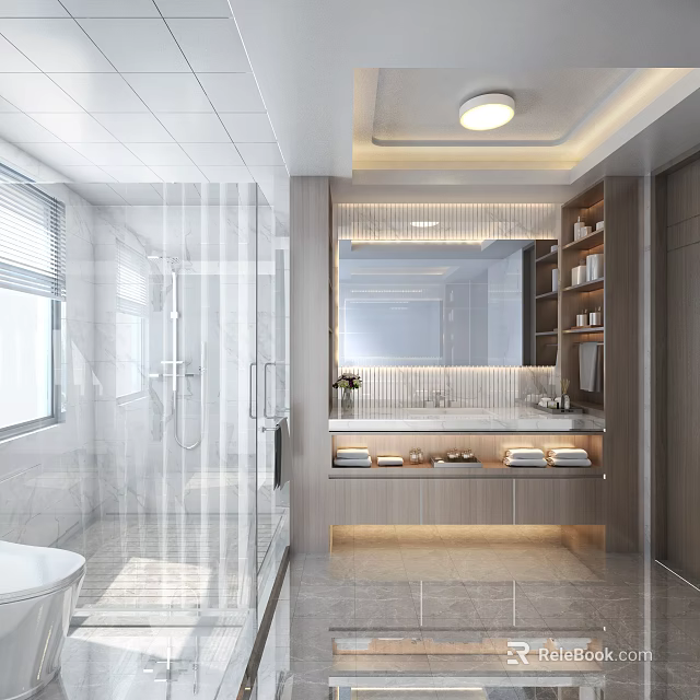 Modern Bathroom Interior Design With Glass Shower Large Mirror Marble Vanity And Storage Cabinets 3d model 