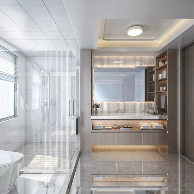 Modern Bathroom Interior Design With Glass Shower Large Mirror Marble Vanity And Storage Cabinets 3d model