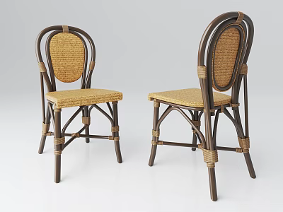 Classic Woven Rattan Dining Chairs With Wooden Frame Curved Backrest and Woven Seat Design 3d model