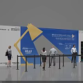 People Waiting At Exhibition Entrance With Queue Barriers Large Screen And Lamp Decoration