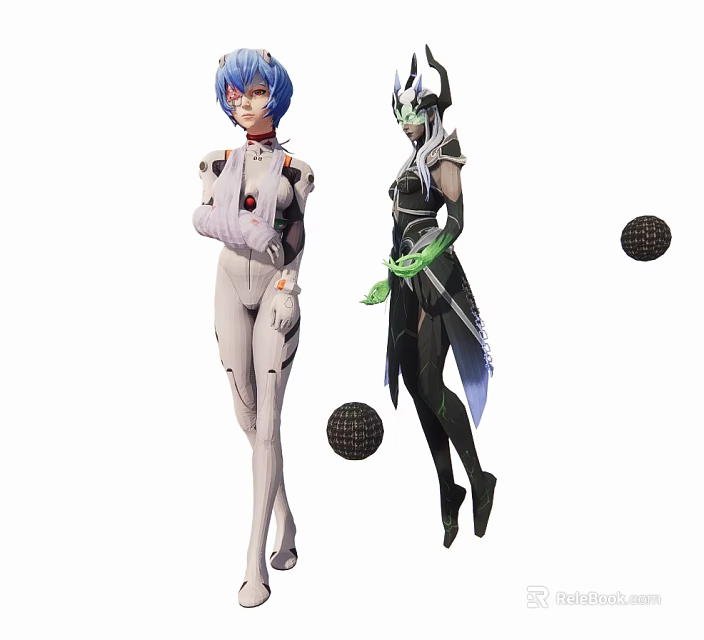 Game Movie Characters With Blue Hair White Suit Red Accents Black Helmet Purple Outfit Black Orbs 3d model 