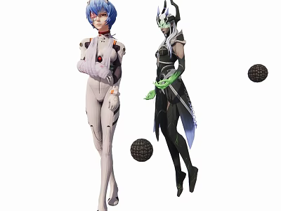 Game Movie Characters With Blue Hair White Suit Red Accents Black Helmet Purple Outfit Black Orbs 3d model