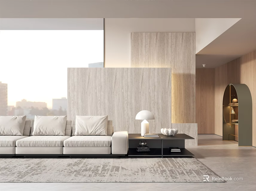 Modern Three Seater Sofa With Light Upholstery Coffee Table Area Rug And Wooden Wall Panel 3d model 