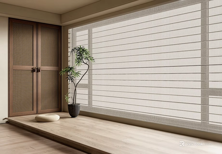 Natural Linen Roman Blinds in Minimalist Interior with Wooden Door and Potted Plant 3d model 