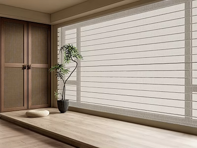 Natural Linen Roman Blinds in Minimalist Interior with Wooden Door and Potted Plant 3d model