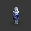 Blue and White Ceramic Vessel With Traditional Oriental Pattern And Lid 3d model