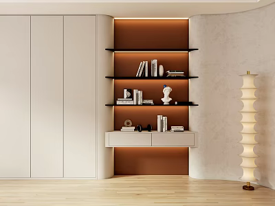 Modern Sofa Background Wall With Built In Shelves Books And Lighting 3d model