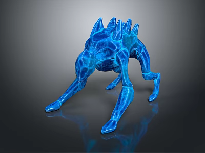 Glowing Blue Spiked Creature With Polygonal Limb Structure On Dark Reflective Background 3d model