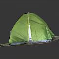Green Dome Shaped Tent with Yellow Zipper on Gravel Platform against Dark Background and Reflection