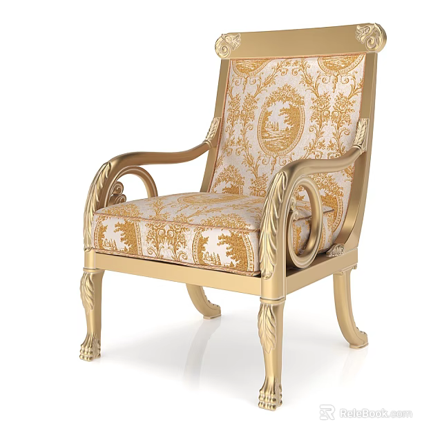 Ornate Accent Chair With Gold Carved Frame And Intricate Floral Pattern Upholstery 3d model 