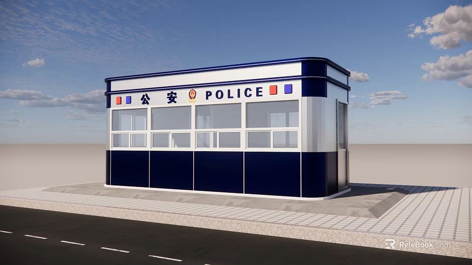 Blue And White Police Security Booth With Windows For Public Safety 3d model 
