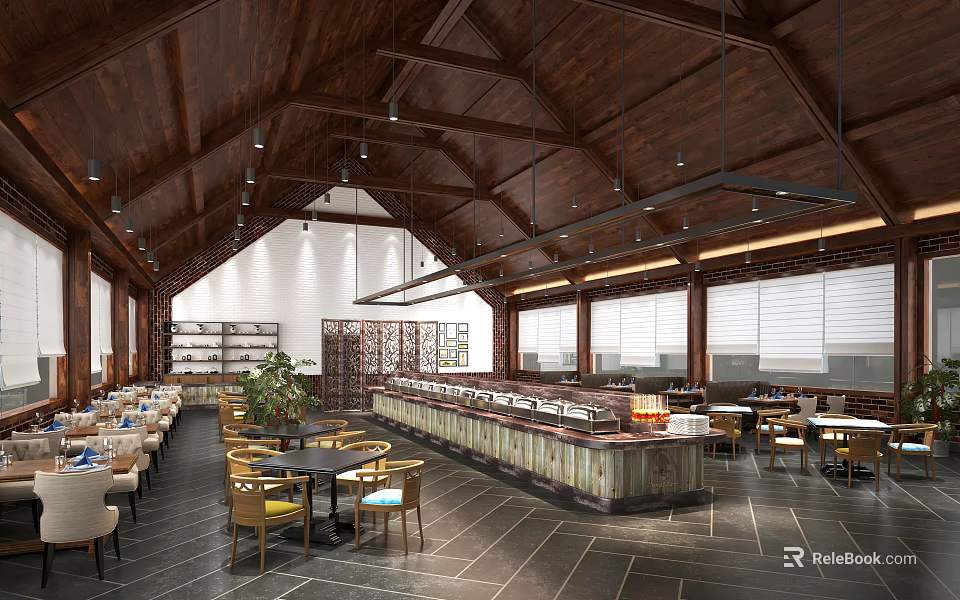 Restaurant Interior With Wooden Ceiling Open Dining Counter Tables Chairs And Hanging Lights 3d model 