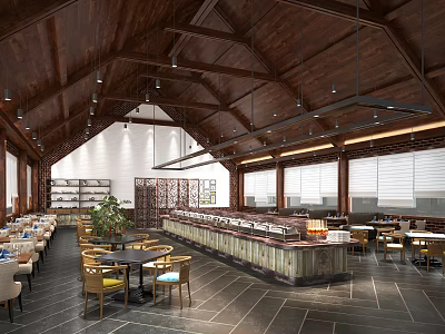 Restaurant Interior With Wooden Ceiling Open Dining Counter Tables Chairs And Hanging Lights 3d model
