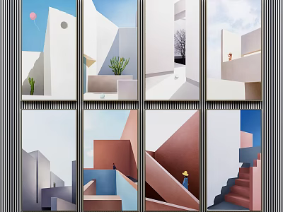 Geometric Architecture Artworks With Colorful Buildings Cactus Stairs And Figure 3d model
