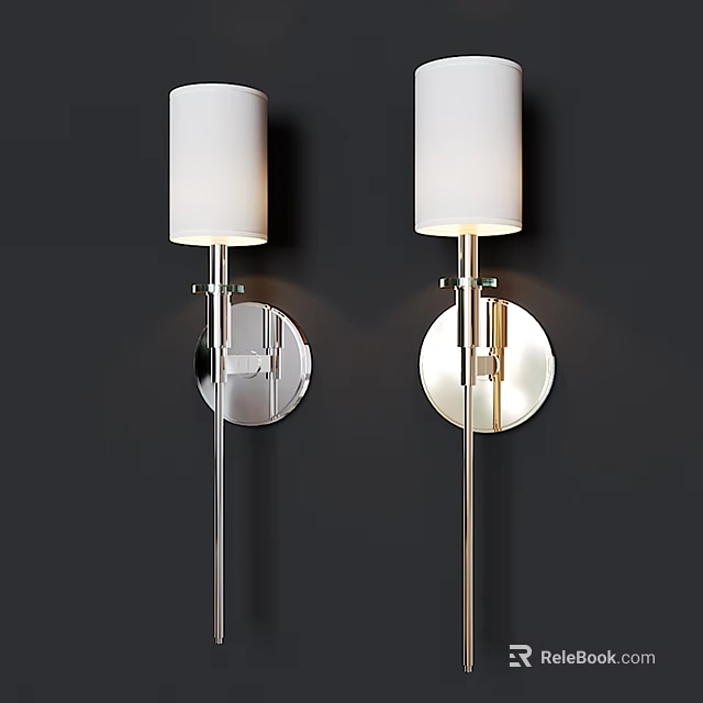 Two Modern Chrome Wall Lamps With White Shades Mounted On Dark Wall 3d model 