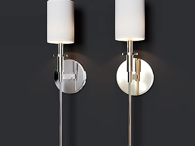 Two Modern Chrome Wall Lamps With White Shades Mounted On Dark Wall 3d model