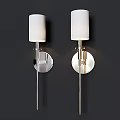Two Modern Chrome Wall Lamps With White Shades Mounted On Dark Wall