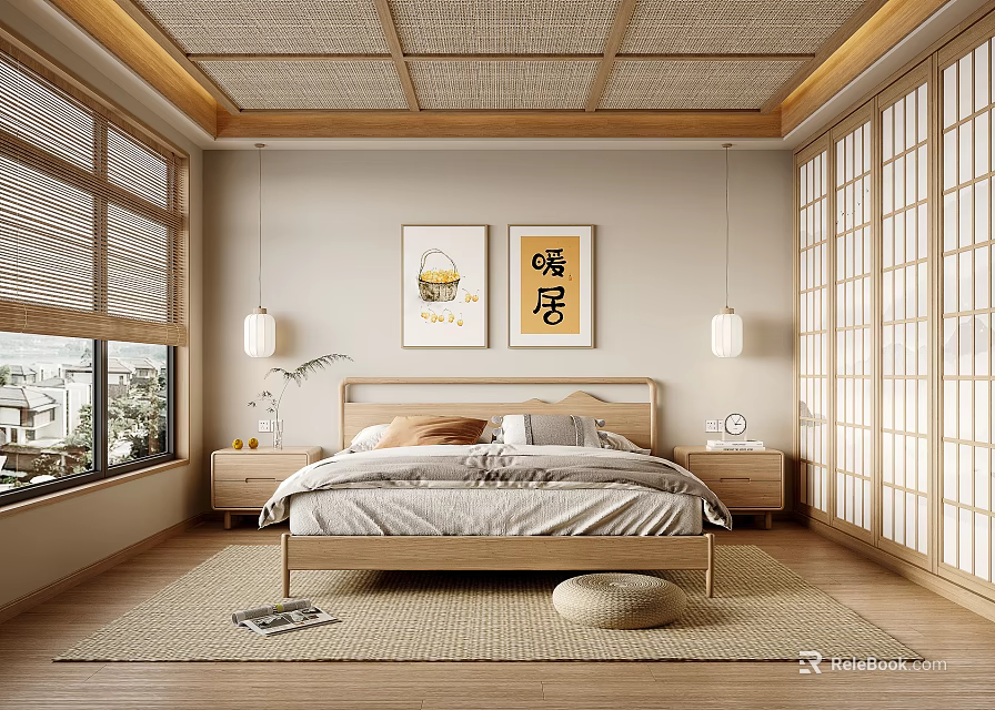 Japanese Style Bedroom With Wooden Ceiling Shoji Doors And Decorative Paintings 3d model 
