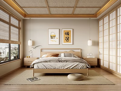 Japanese Style Bedroom With Wooden Ceiling Shoji Doors And Decorative Paintings 3d model