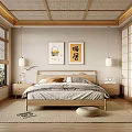Japanese Style Bedroom With Wooden Ceiling Shoji Doors And Decorative Paintings