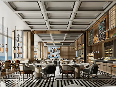 Elegant Restaurant Interior Design With Open Layout Tables Chairs Chandeliers And Striped Flooring 3d model