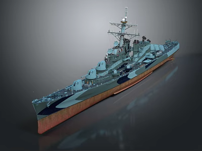 Realistic 3D Battleship Model With Blue Hull Red Bottom Radar Turret And Reflective Surface 3d model