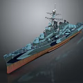 Realistic 3D Battleship Model With Blue Hull Red Bottom Radar Turret And Reflective Surface