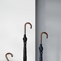 Classic Standing Black And Blue Umbrellas With Wooden Curved Handles