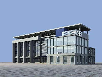 Modern Contemporary Commercial Building With Large Glass Windows Gray Walls And Flat Roof 3d model