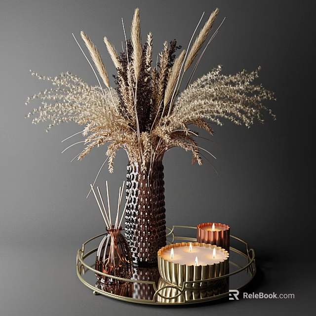 Modern Decorative Ornament Set With Textured Vase Dried Flowers Candles And Metal Tray 3d model 