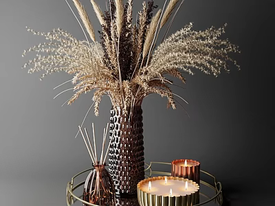 Modern Decorative Ornament Set With Textured Vase Dried Flowers Candles And Metal Tray 3d model