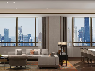 Modern Hotel Guest Room With Large Windows City View And Modern Furniture Decor 3d model