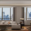 Modern Hotel Guest Room With Large Windows City View And Modern Furniture Decor
